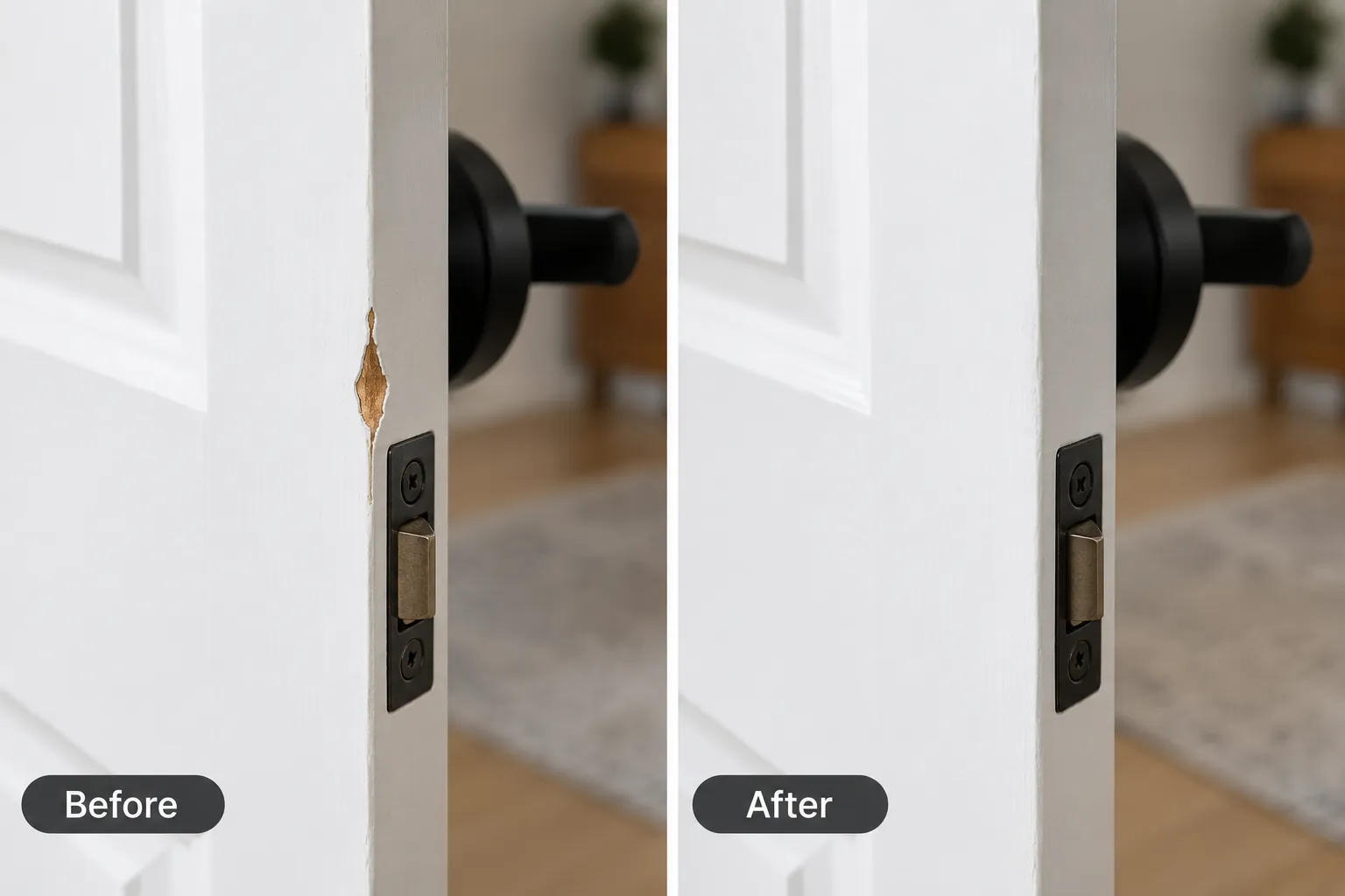 Before and after repair of chipped paint on a white door edge