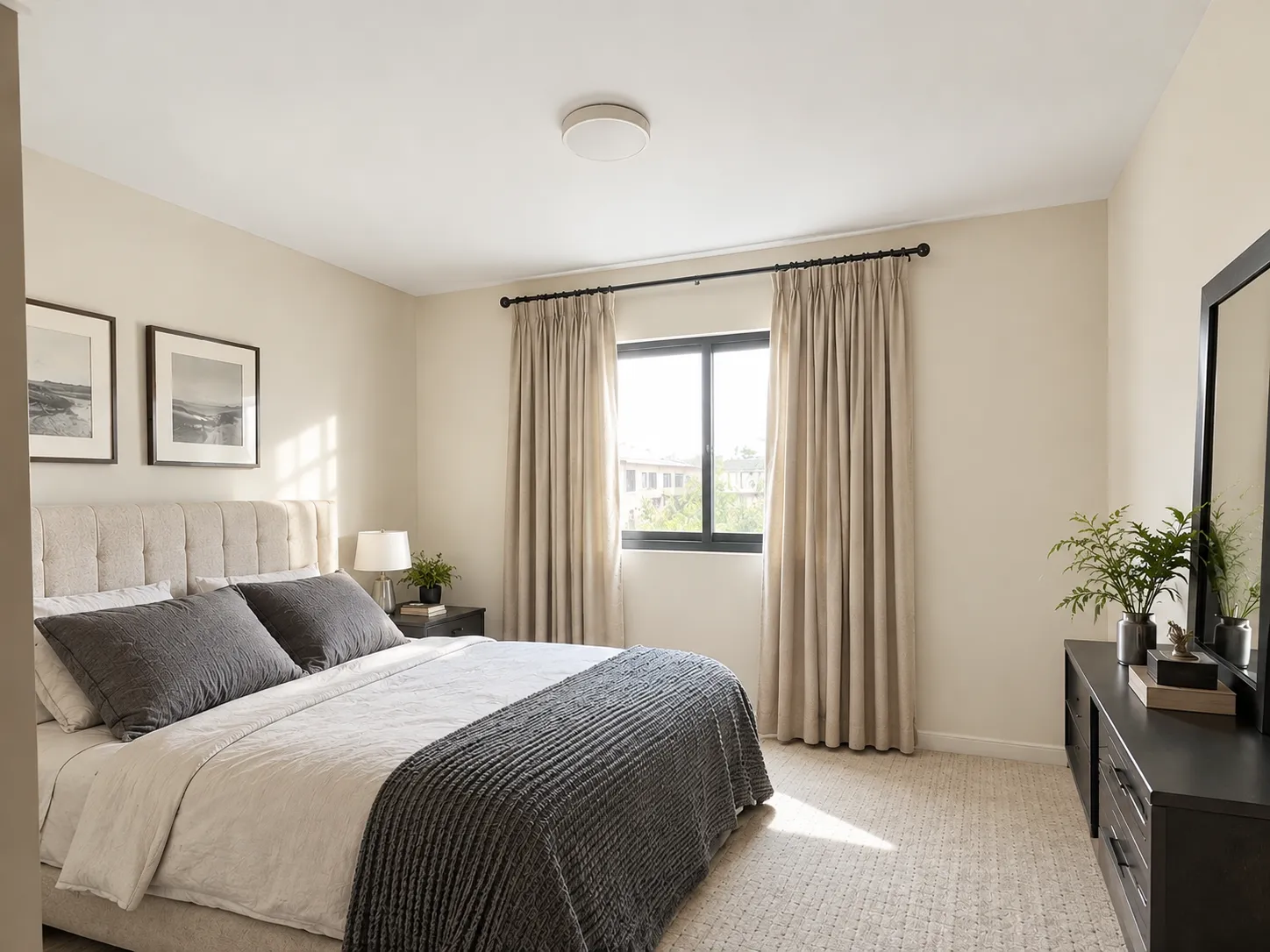 Bright bedroom with warm off-white walls and a white ceiling, creating a larger and more open feel.