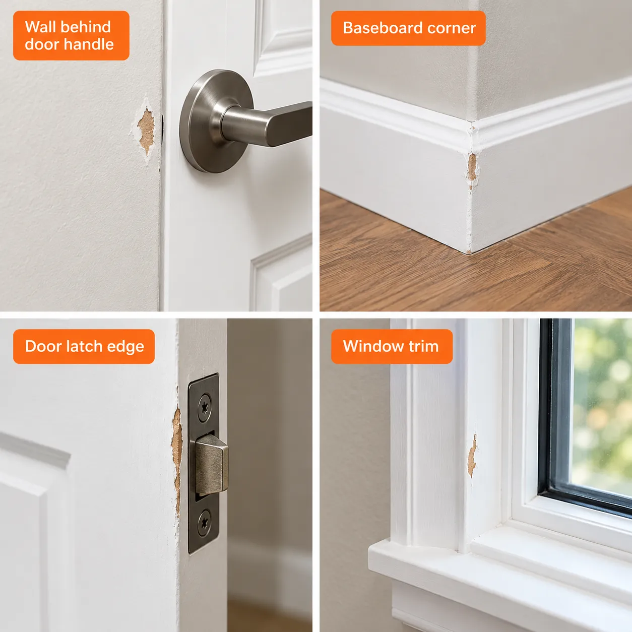 Common places where paint chips on walls, doors, and trim