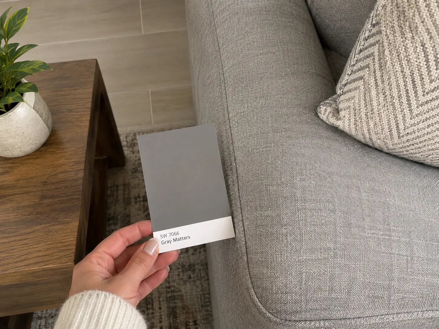 Gray paint swatch held beside a gray sofa and wooden furniture to compare the color with existing room finishes.