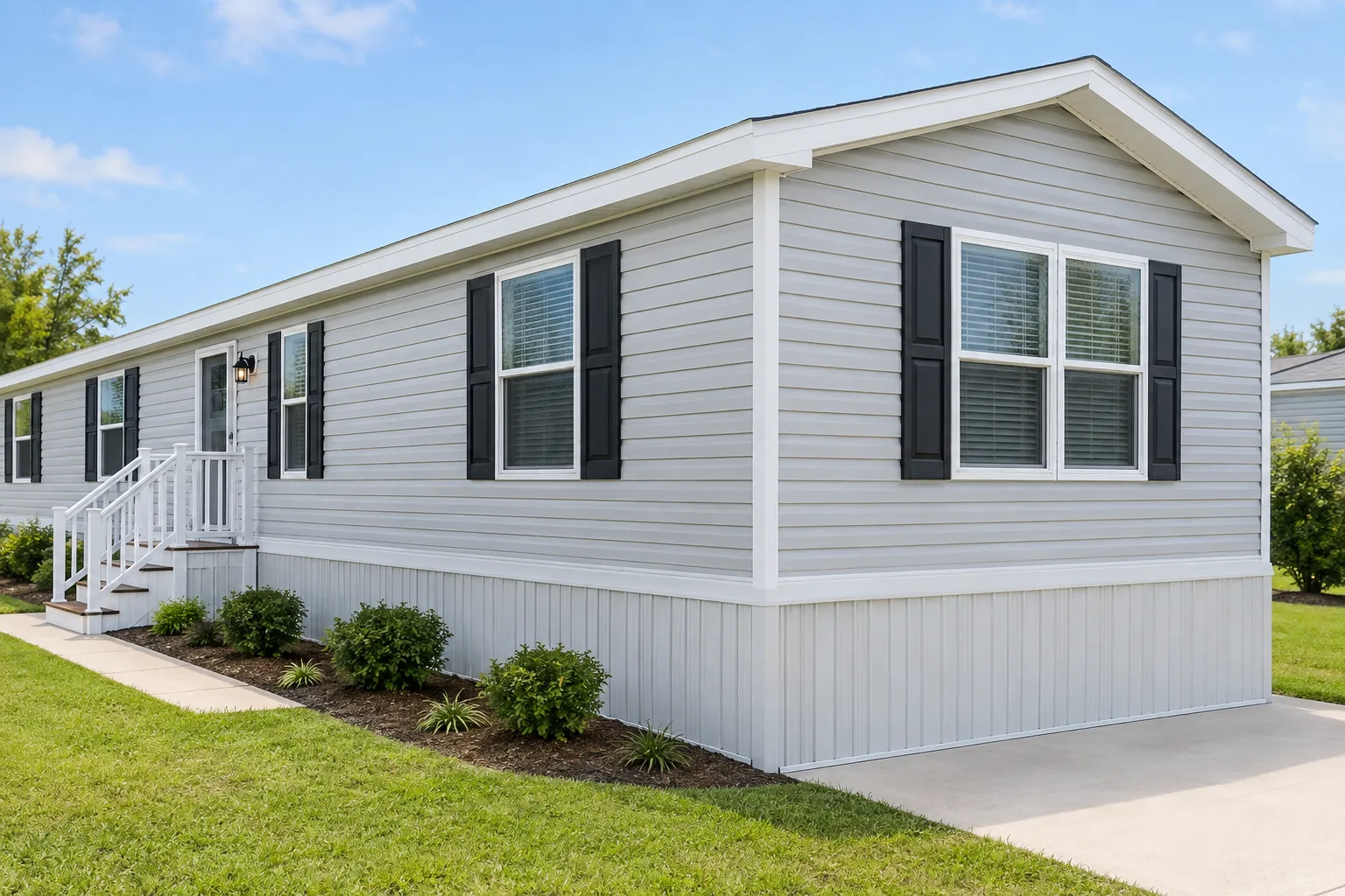 Mobile home with freshly painted vinyl siding and matching vinyl skirting