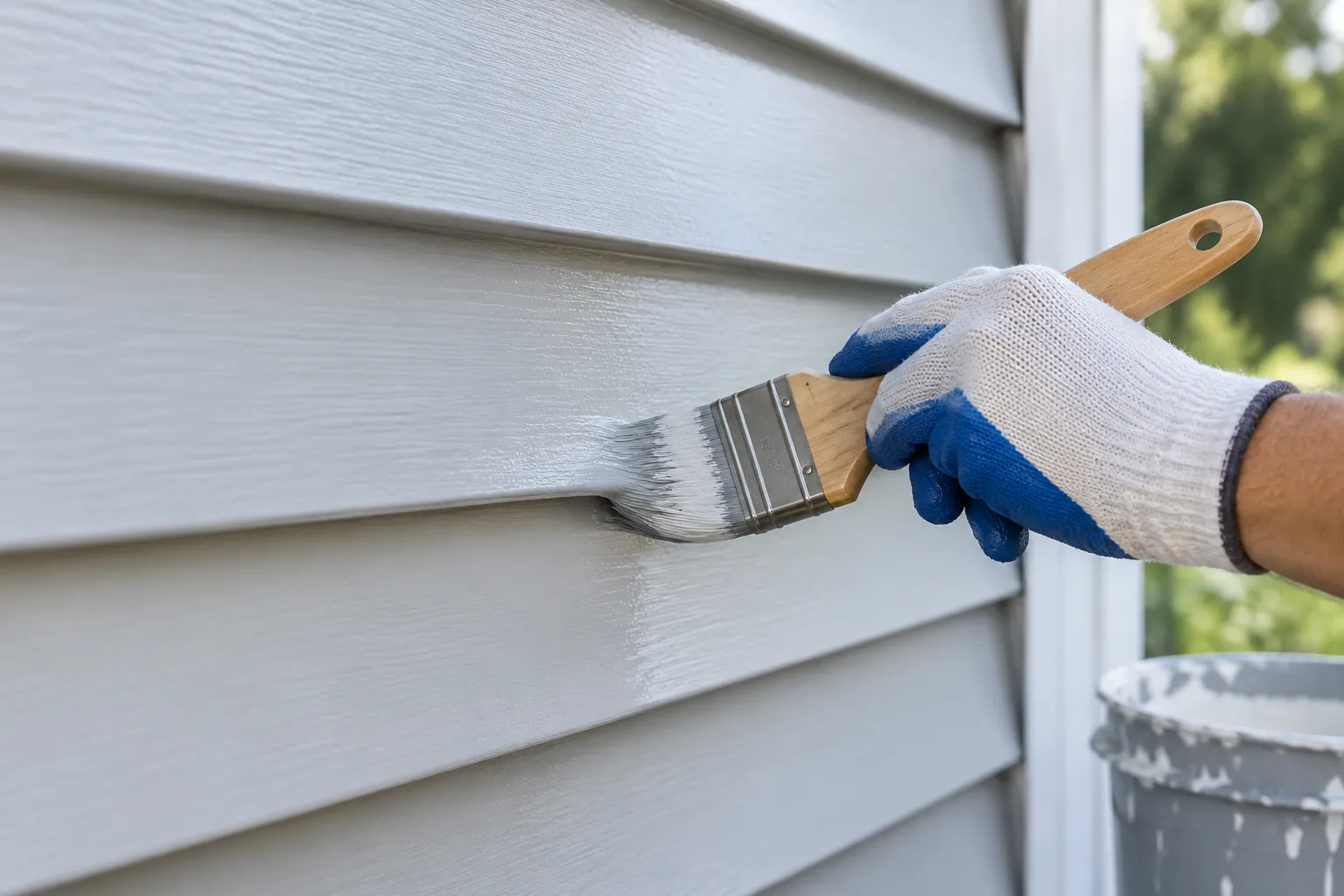 Painter brushing paint into the lap edge of vinyl siding before rolling