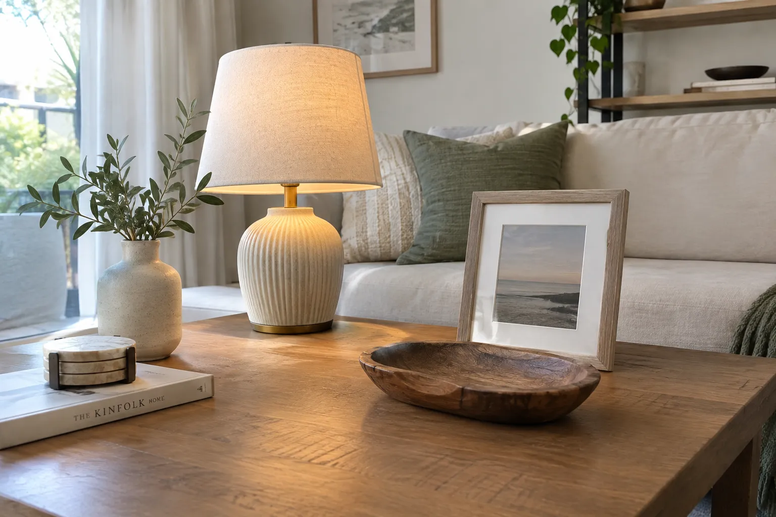 Realistic home decor setup with a wooden coffee table, ceramic lamp, vase, framed artwork, and cozy neutral living room.
