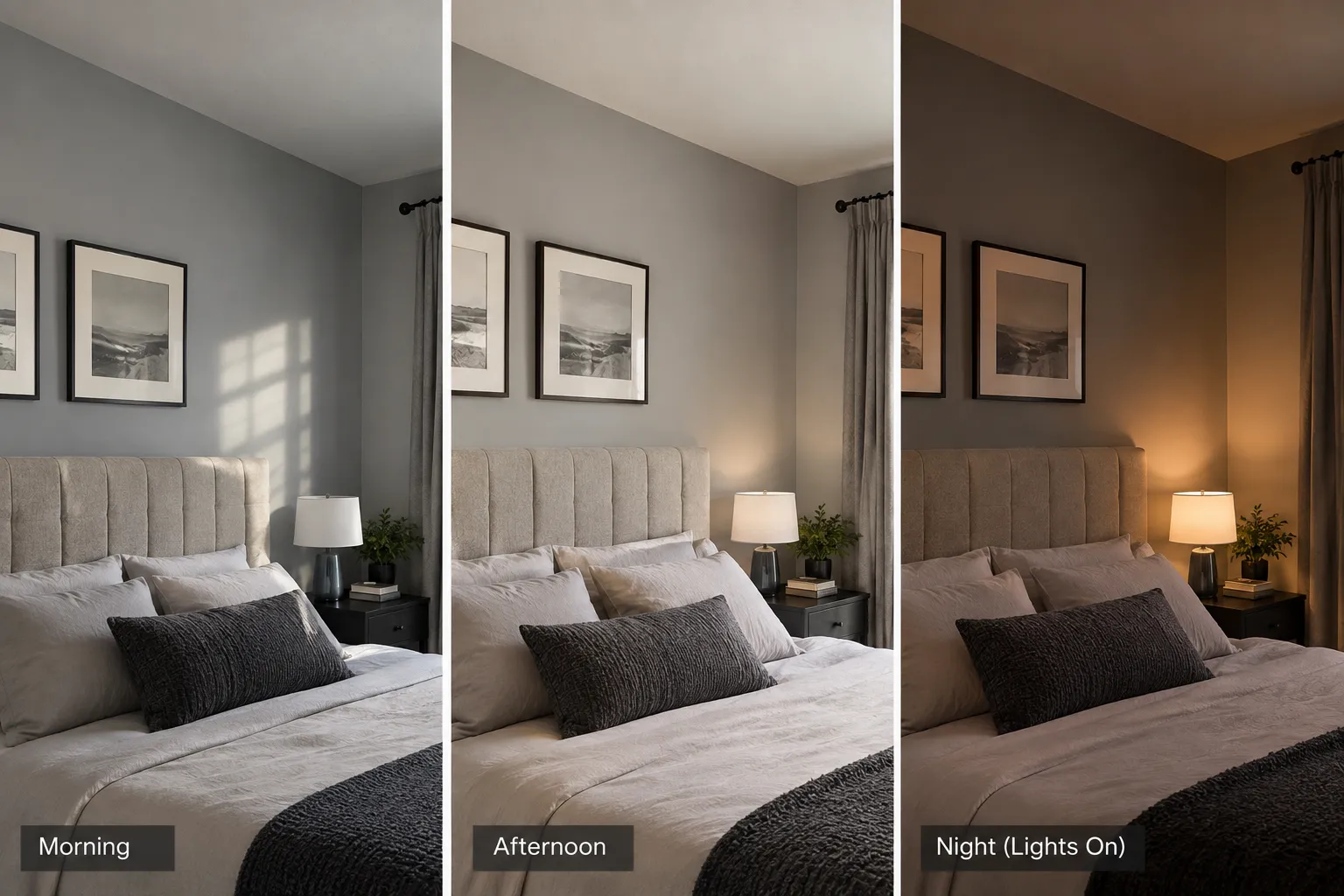 Same gray bedroom wall shown in morning, afternoon, and nighttime lighting to demonstrate how the wall color changes throughout the day.