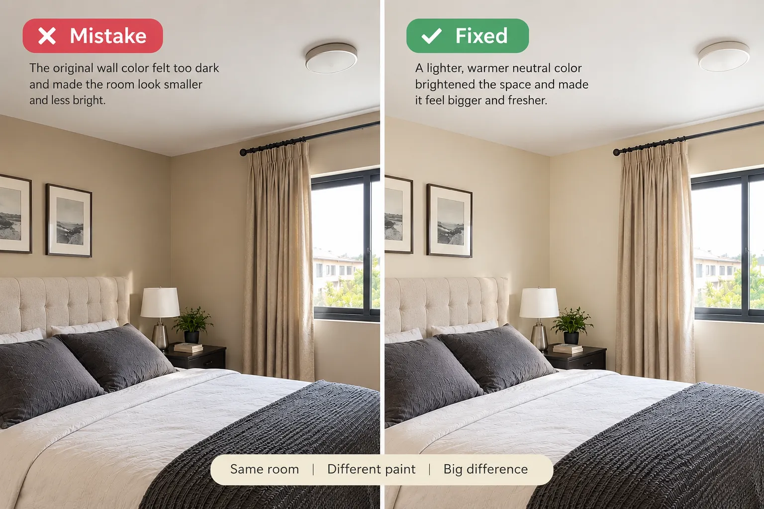 Side-by-side comparison of a bedroom with dark wall paint labeled “Mistake” and lighter warm neutral wall paint labeled “Fixed,” showing how paint color affects the room’s brightness and spaciousness.