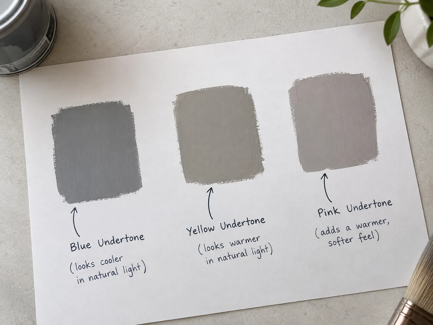 Three gray paint swatches on white paper showing blue, yellow, and pink undertones with handwritten labels and arrows.