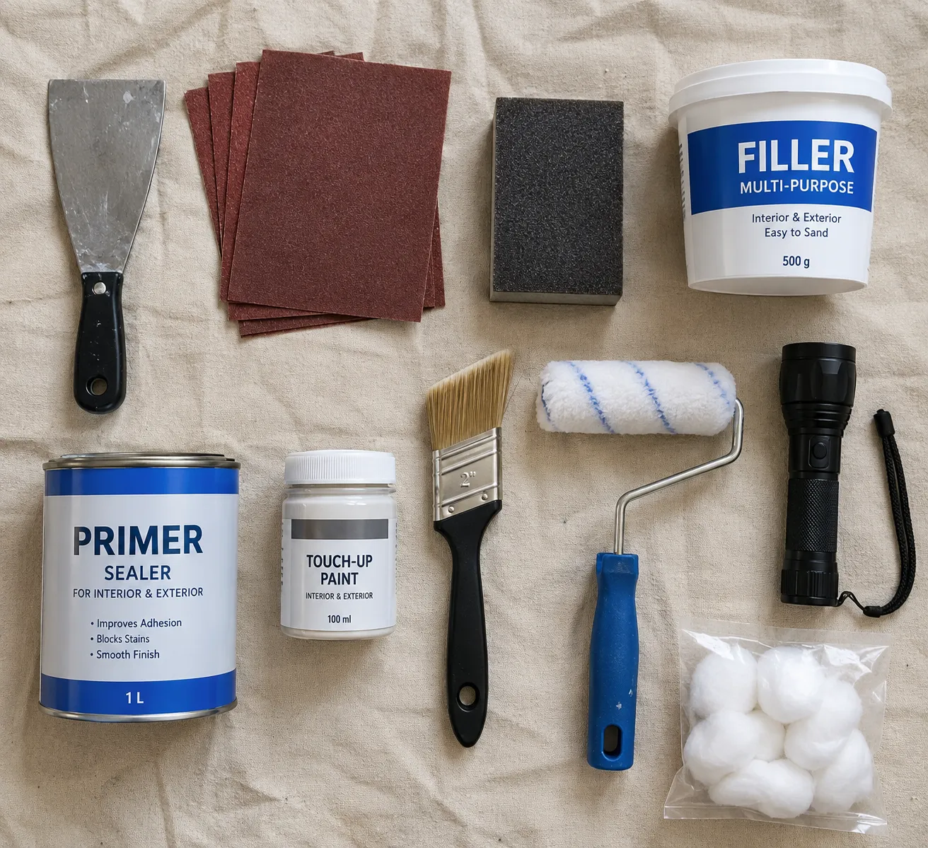 Tools and materials for repairing chipped paint laid out on a drop cloth