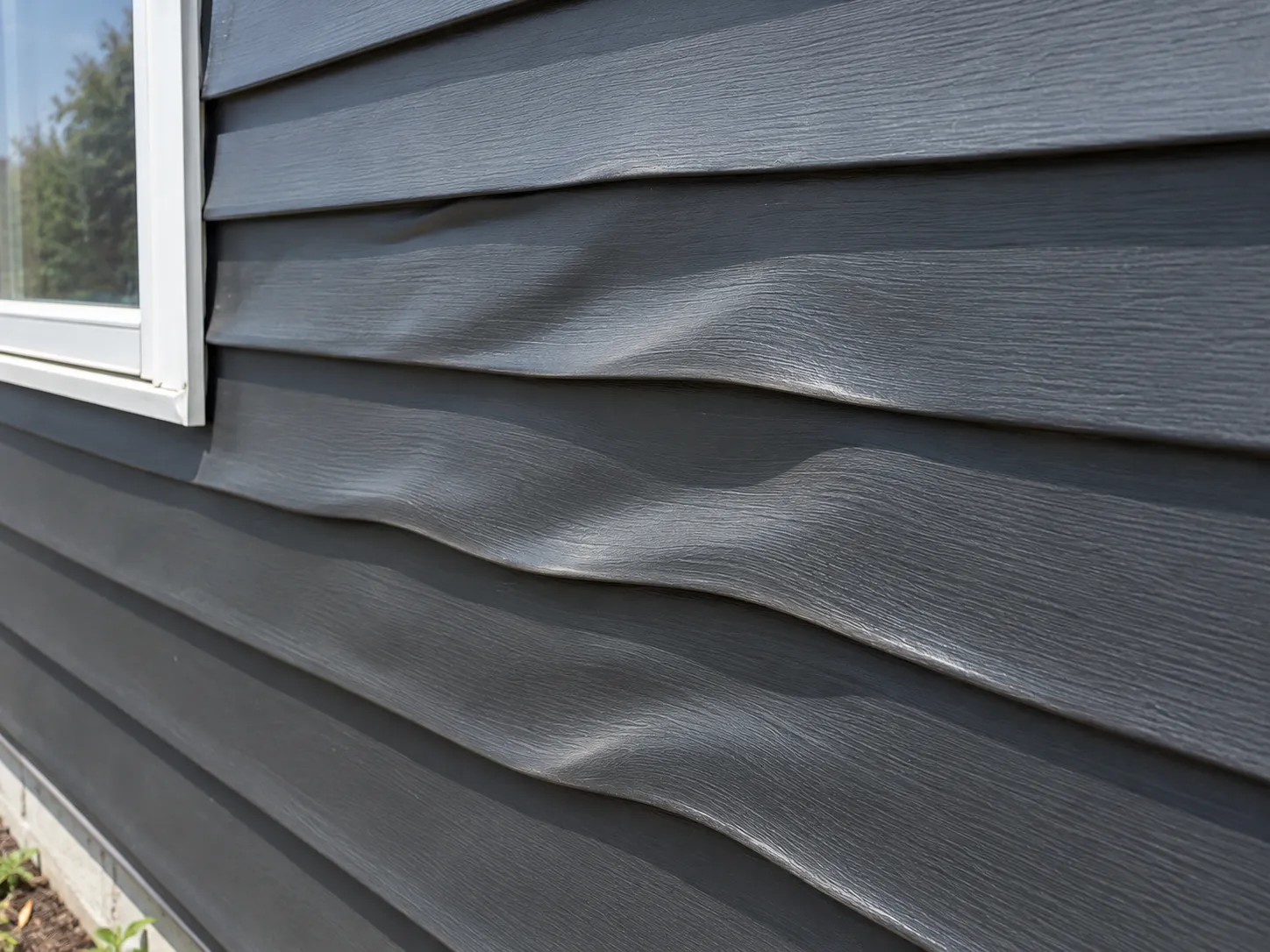 Warped vinyl siding panels distorted by heat from a dark exterior color