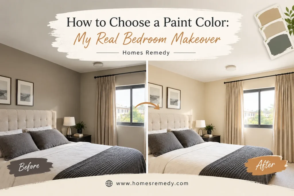 Before-and-after bedroom makeover showing dark taupe walls changing to a brighter warm beige by Homes Remedy
